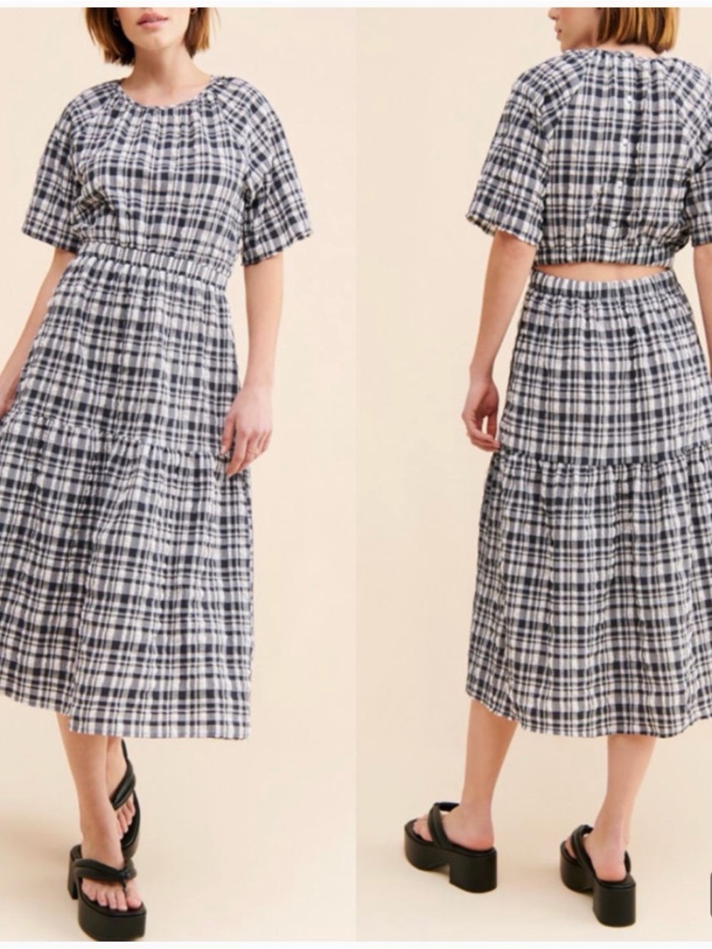 Anthropologie Just Female Plaid Midi dress in Navy and White with cutout back